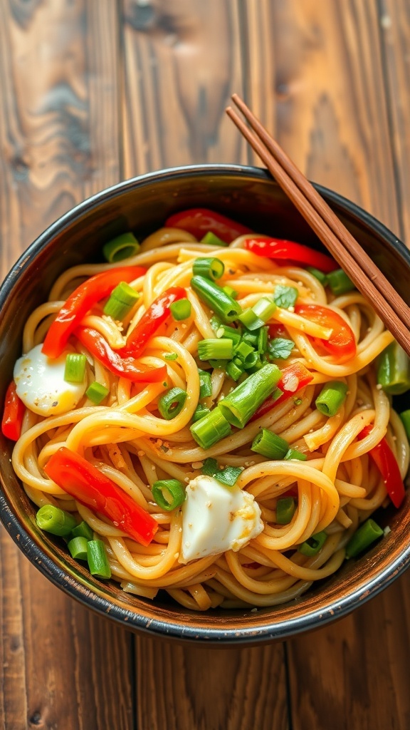 A bowl of egg udon noodle stir-fry with noodles, scrambled eggs, bell peppers, and snap peas, garnished with green onions and sesame seeds.